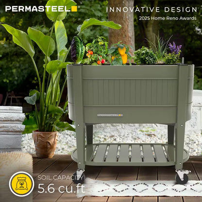 39 In. L X 19.25 In. W X 14.5 In. H Raised Steel Garden Bed with Engrow Truesoil Technology, Storage Shelf, Green