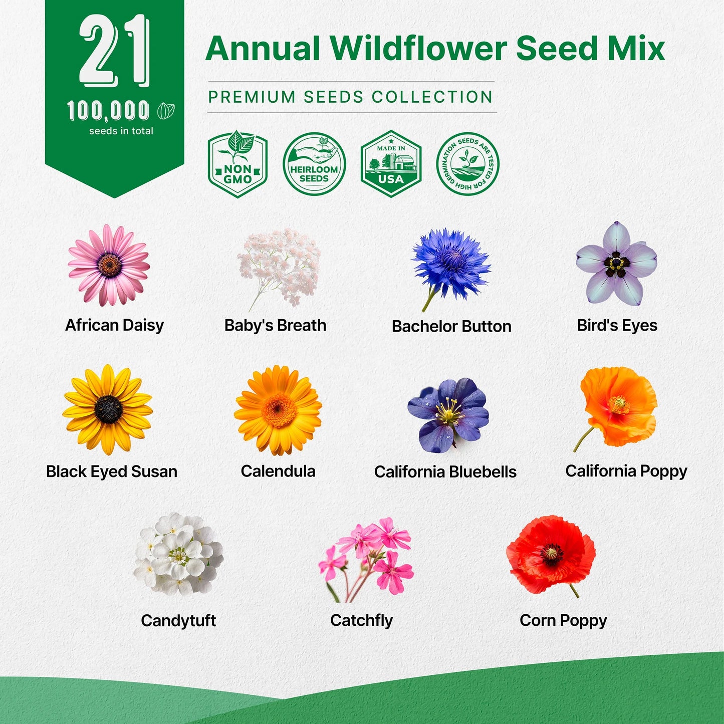21 Annual Wildflower Seeds Mix, 100,000+ Non-Gmo Heirloom Wildflower Garden Seeds