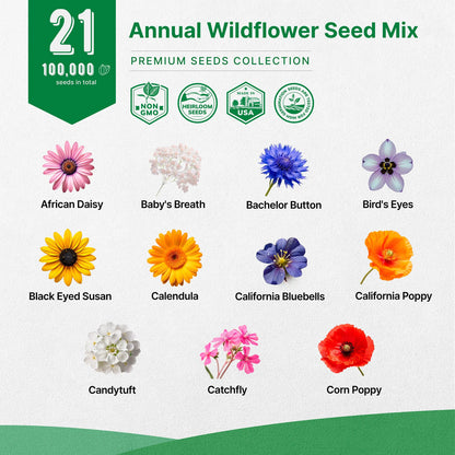 21 Annual Wildflower Seeds Mix, 100,000+ Non-Gmo Heirloom Wildflower Garden Seeds
