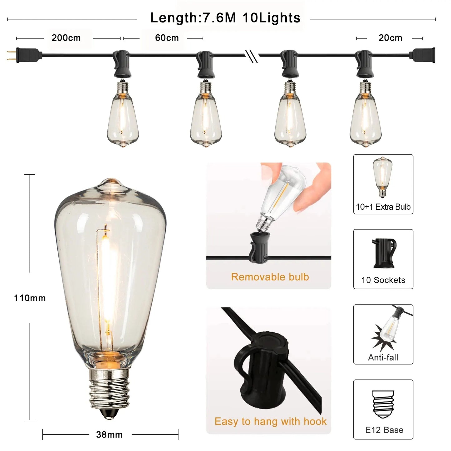 ST38 String Lights Outdoor Garland Connectable Shatterproof Waterproof Plastic LED Bulb Dimmable Patio Garden Decor Fairy Lighst