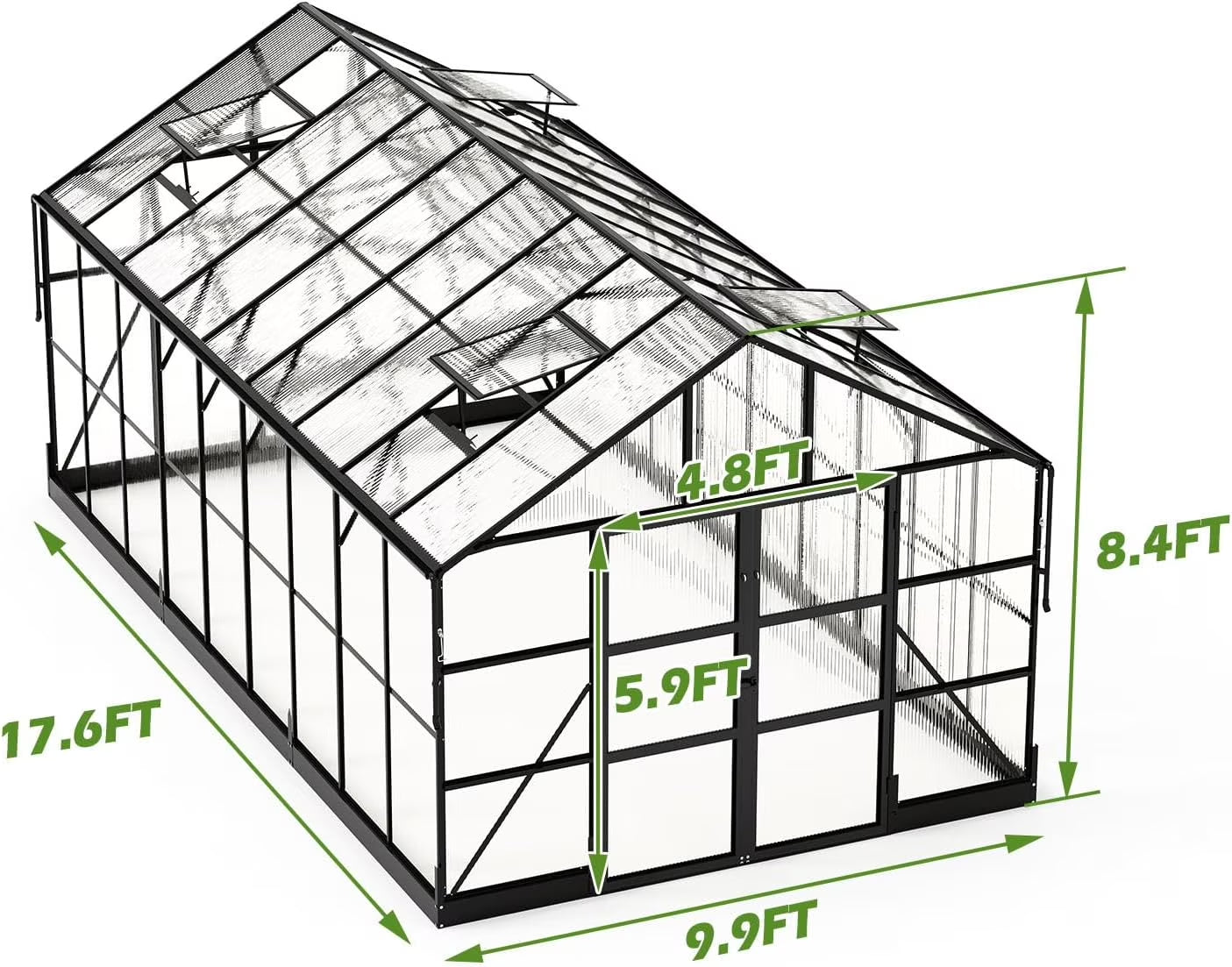 10X18 Ft Polycarbonate Greenhouse with Rain Gutter & 4 Roof Vents, Heavy Duty Aluminum Greenhouse for Outdoor Garden Backyard, Black