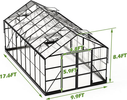 10X18 Ft Polycarbonate Greenhouse with Rain Gutter & 4 Roof Vents, Heavy Duty Aluminum Greenhouse for Outdoor Garden Backyard, Black