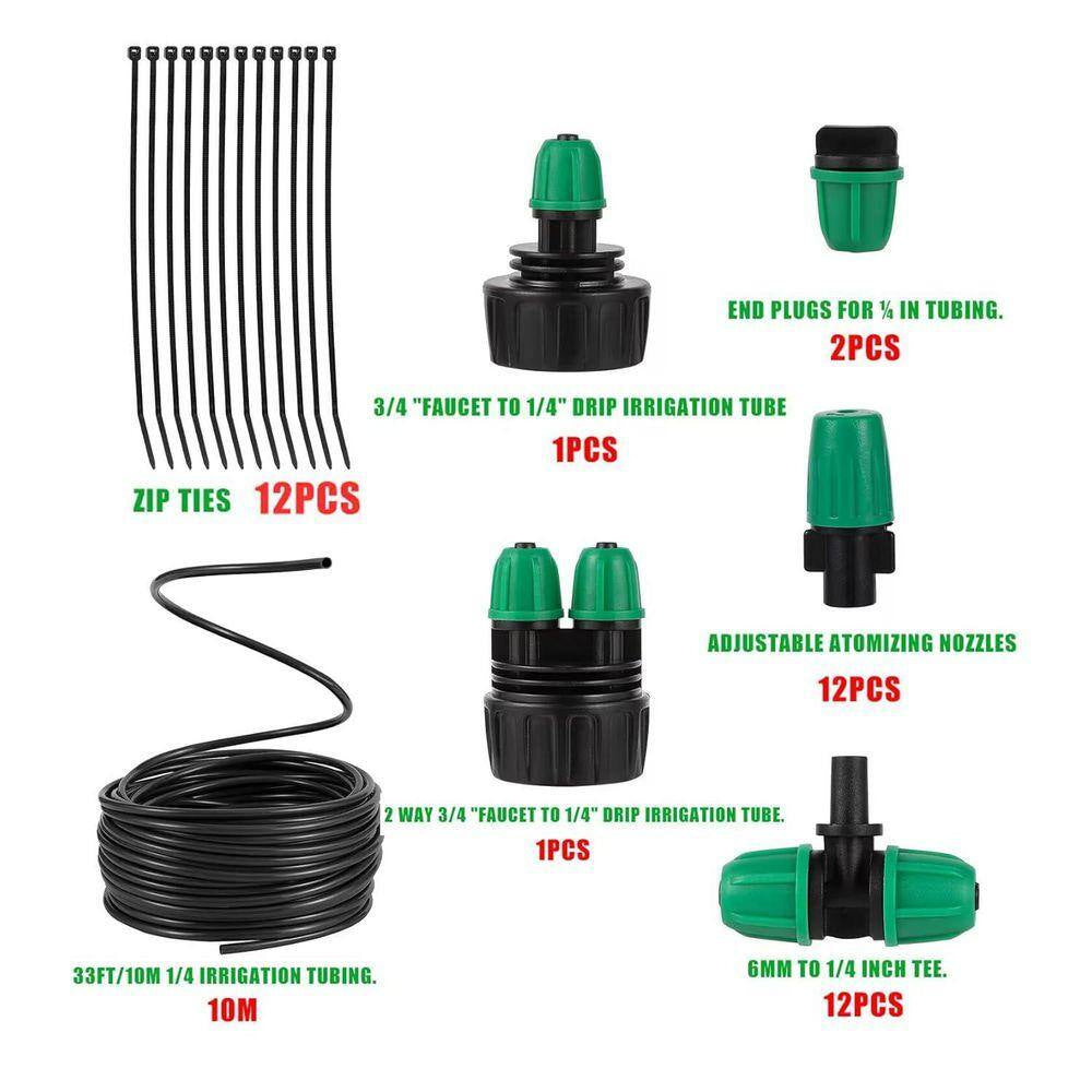 Automatic Misting Cooling System Adjustable Barbed Drip Irrigation Kit with 1/4 Inch Tubing for Patio Greenhouse Garden