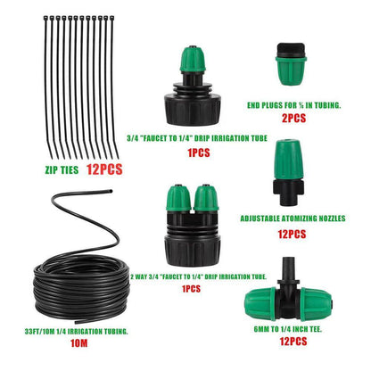 Automatic Misting Cooling System Adjustable Barbed Drip Irrigation Kit with 1/4 Inch Tubing for Patio Greenhouse Garden