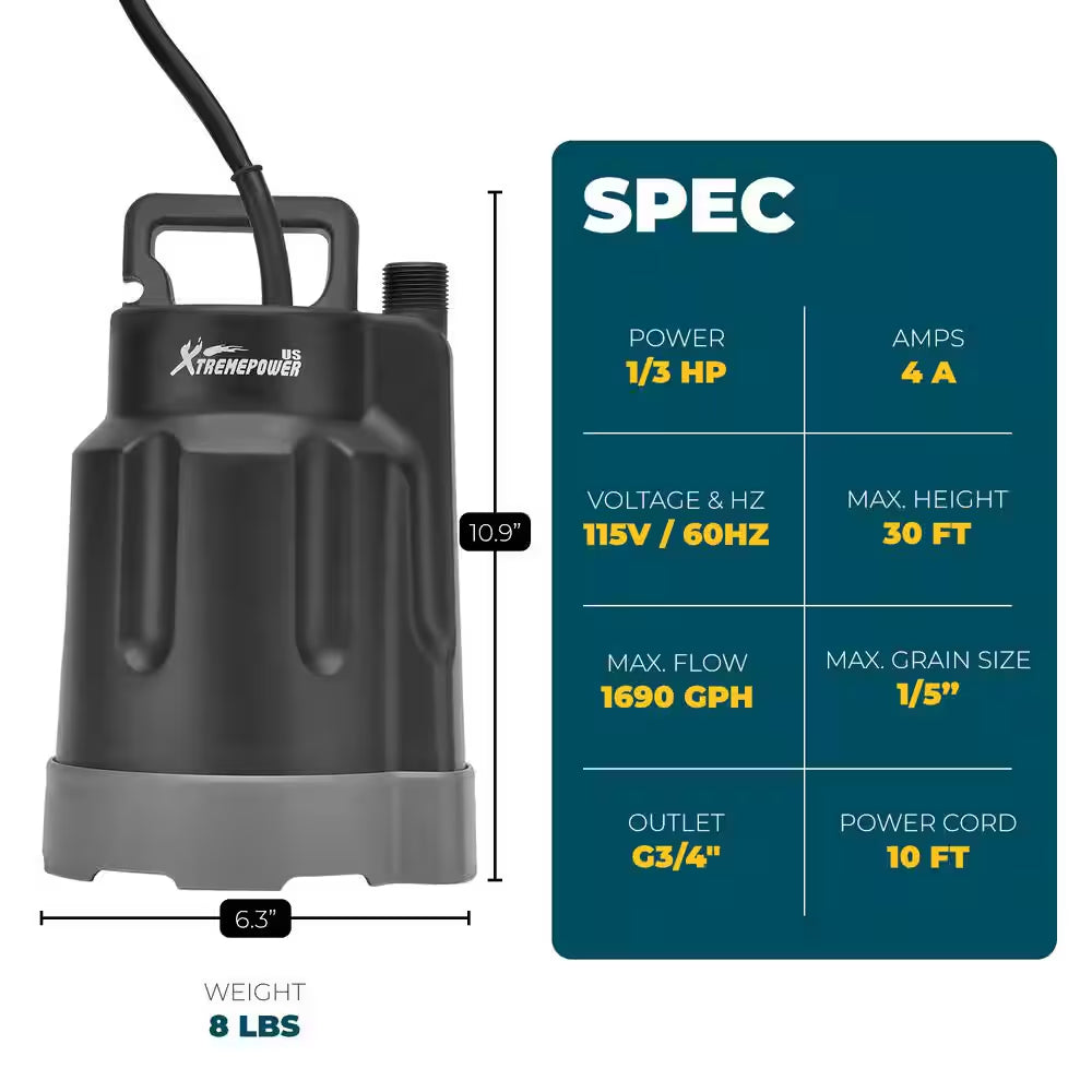 1/3 HP 1690 GPH Thermoplastic Submersible Utility Pump