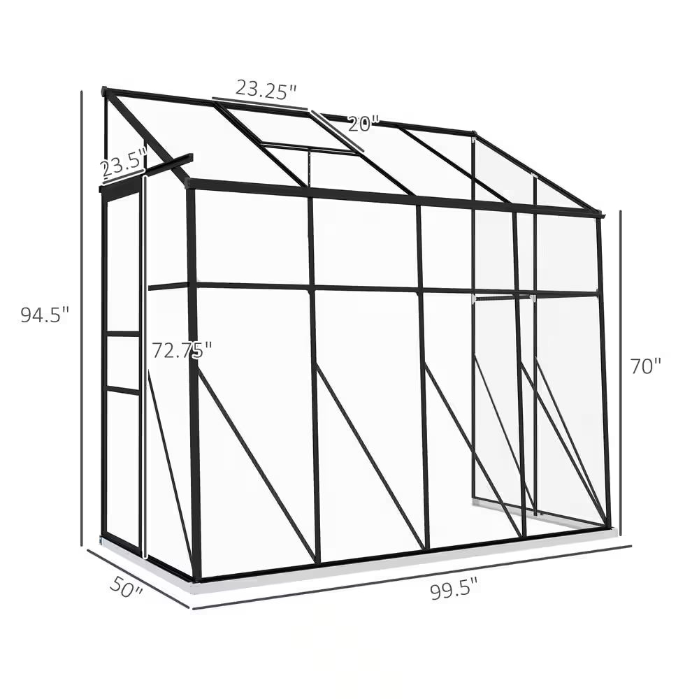 50 In. X 99.5 In. X 94.5 In. Aluminum Alloy, Polycarbonate Black Polycarbonate GREENHOUSE