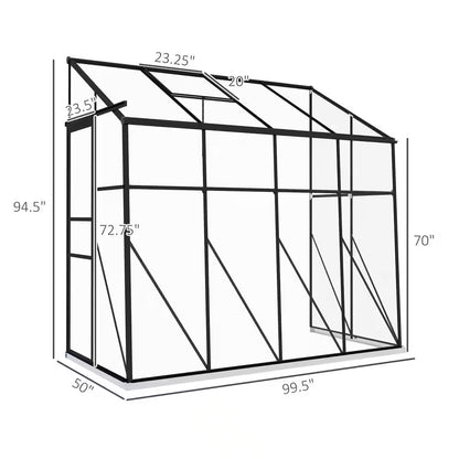 50 In. X 99.5 In. X 94.5 In. Aluminum Alloy, Polycarbonate Black Polycarbonate GREENHOUSE