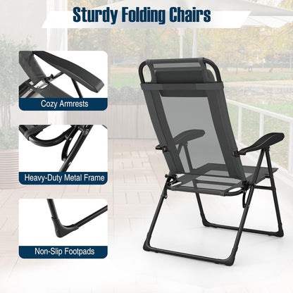 Set of 4 Patio Folding Chairs, Portable Outdoor Dining Chairs with 7-Level Adjustable Backrest, Headrest, Metal Frame, outside Recliner for Front Porch Camping Picnic Lawn Garden, Dark Gray