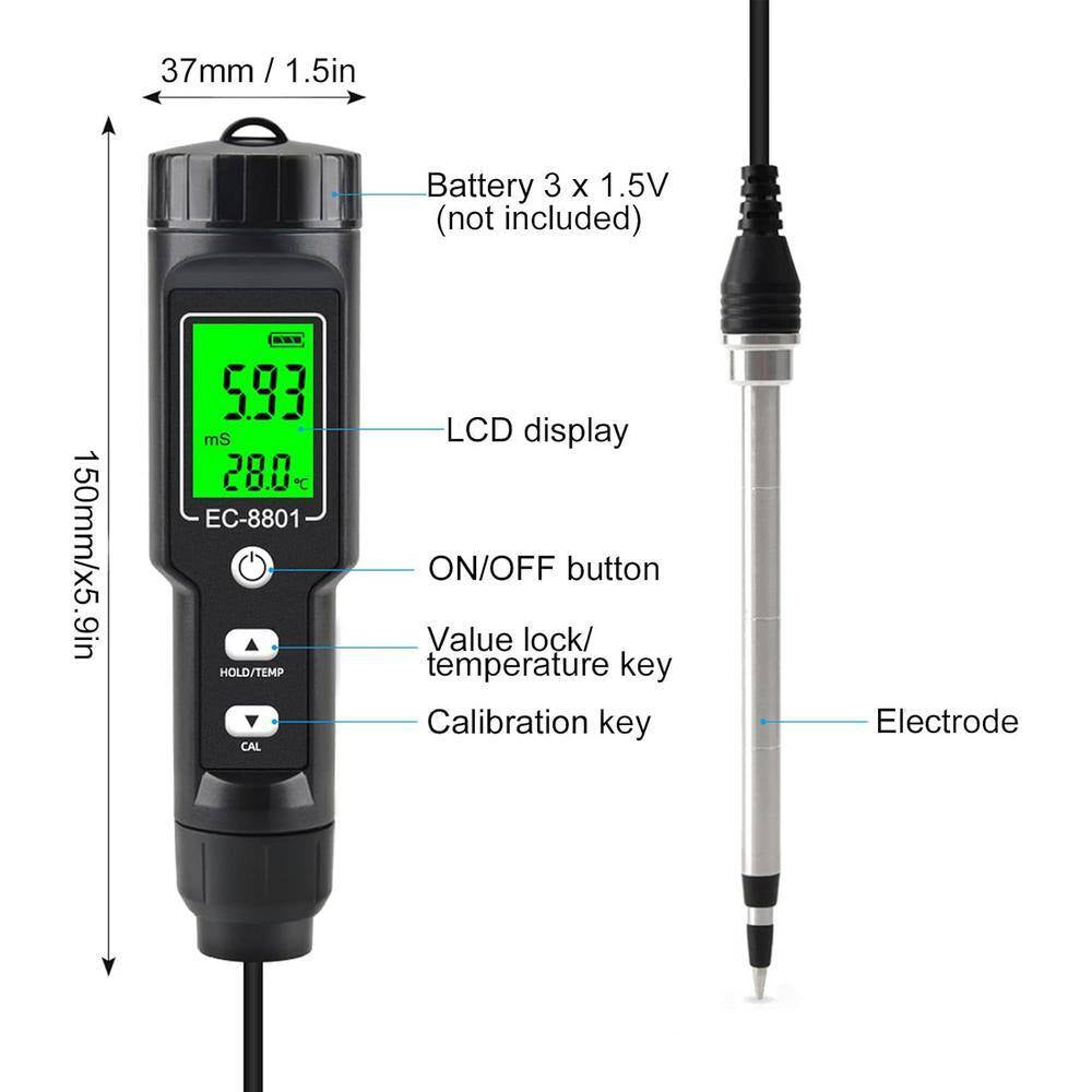 Digital Soil Tester LCD Backlight Display Soil EC Temperature Tester Portable Conductivity Meter for Hydroponics, Black