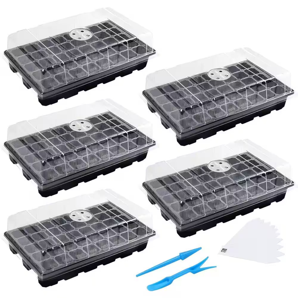 5-Pack 14 In. X 9.84 In. X 5.11 In. Outdoor Black Plastic Seed Starter Tray Kit with Humidity Vented Domes and Base