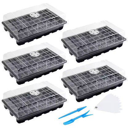 5-Pack 14 In. X 9.84 In. X 5.11 In. Outdoor Black Plastic Seed Starter Tray Kit with Humidity Vented Domes and Base