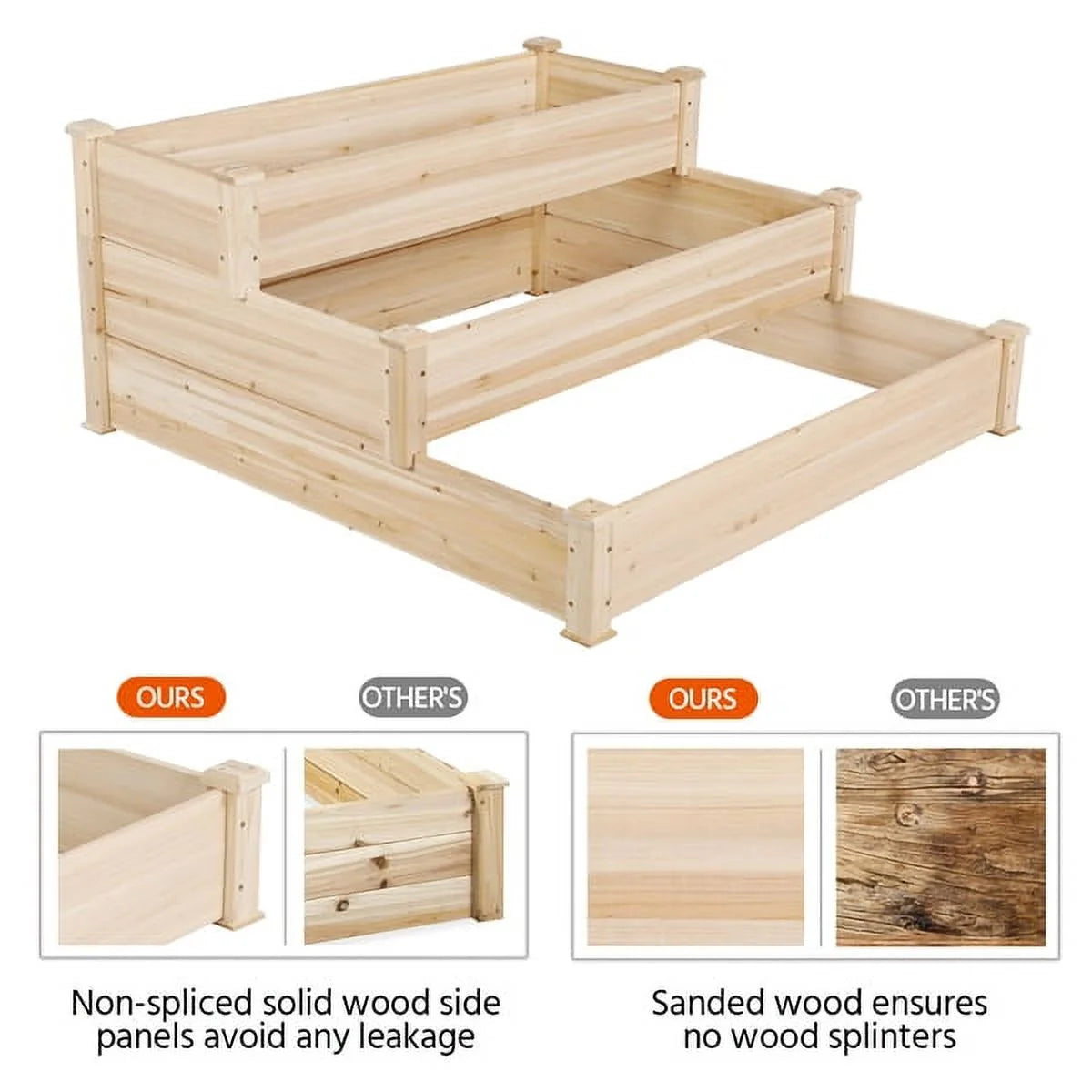 3 Tier Wood Raised Garden Bed Wood Elevated Flowers Vegetables Planter