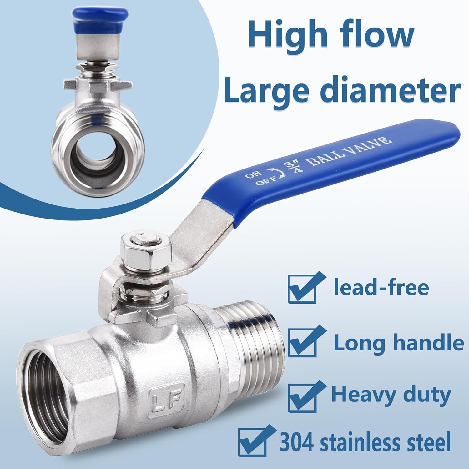 3/4In Garden Hose Shut off Valve 304 Stainless Steel Full Flow Ball Valve