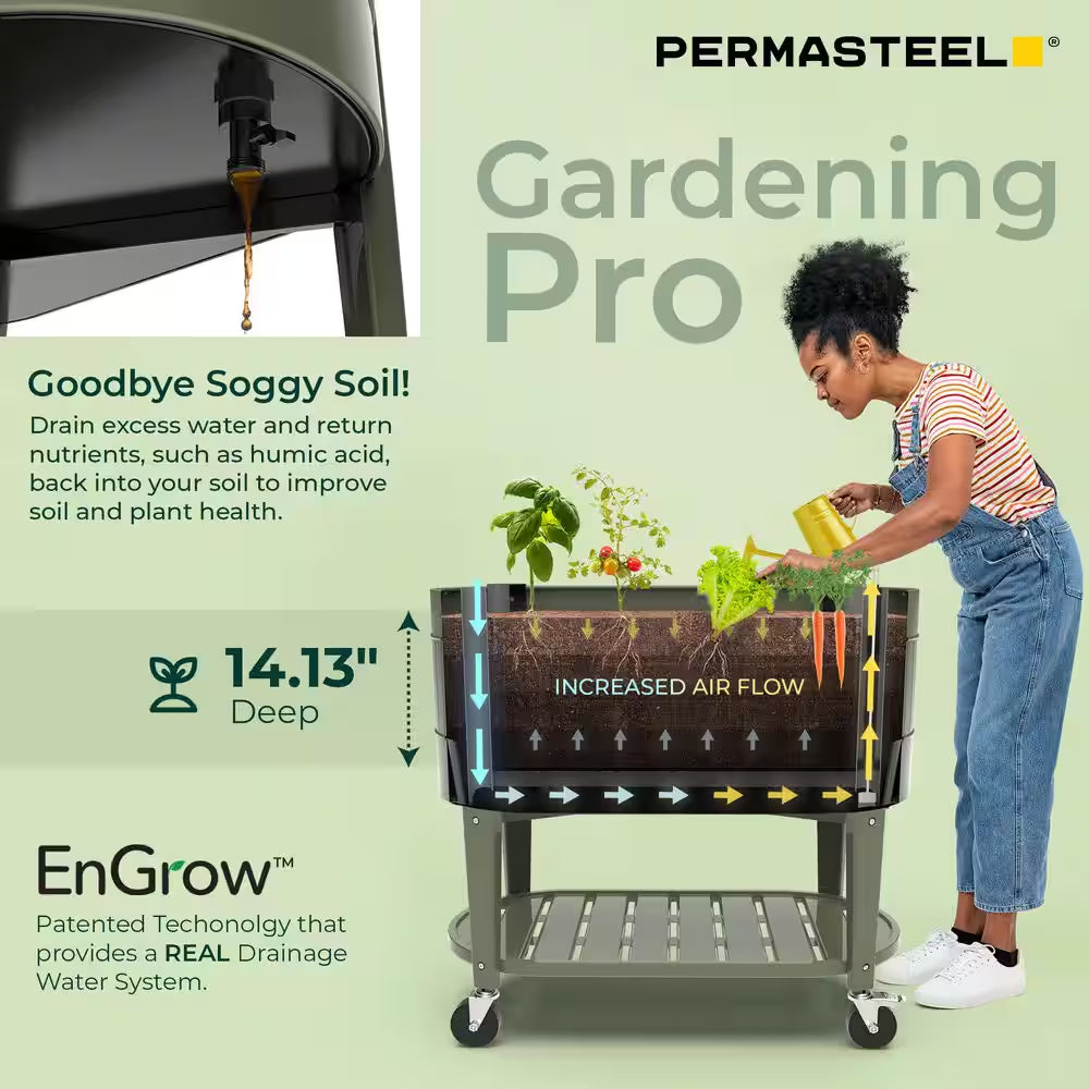 39 In. L X 19.25 In. W X 14.5 In. H Raised Steel Garden Bed with Engrow Truesoil Technology, Storage Shelf, Green