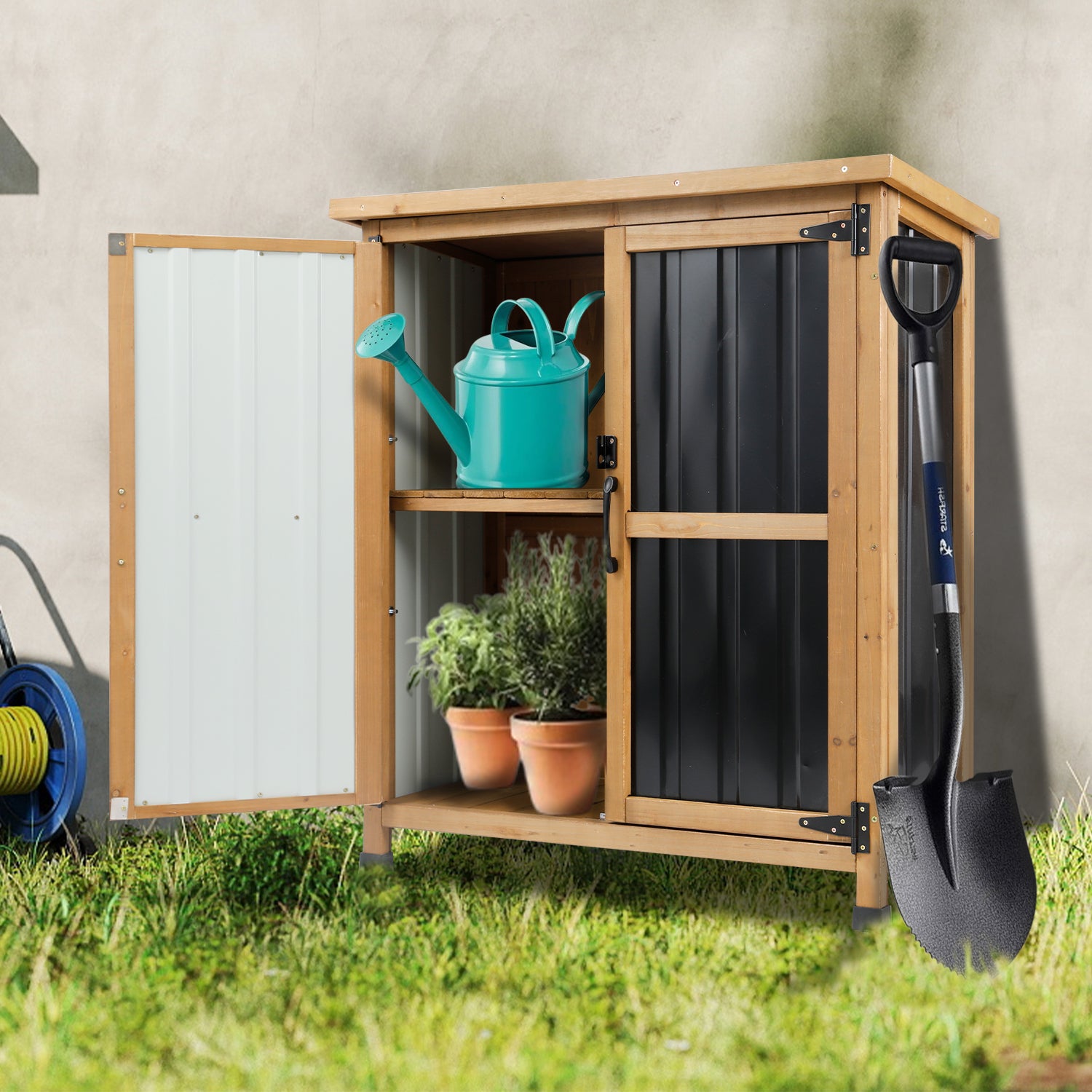 Outdoor Storage Cabinet Wood Storage Shed Waterproof Roof, Double Lockable Doors Garden Shed with Removable Shelves