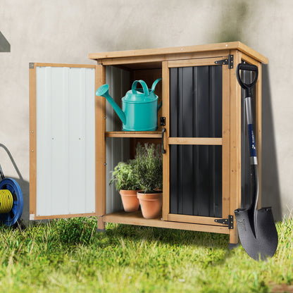 Outdoor Storage Cabinet Wood Storage Shed Waterproof Roof, Double Lockable Doors Garden Shed with Removable Shelves