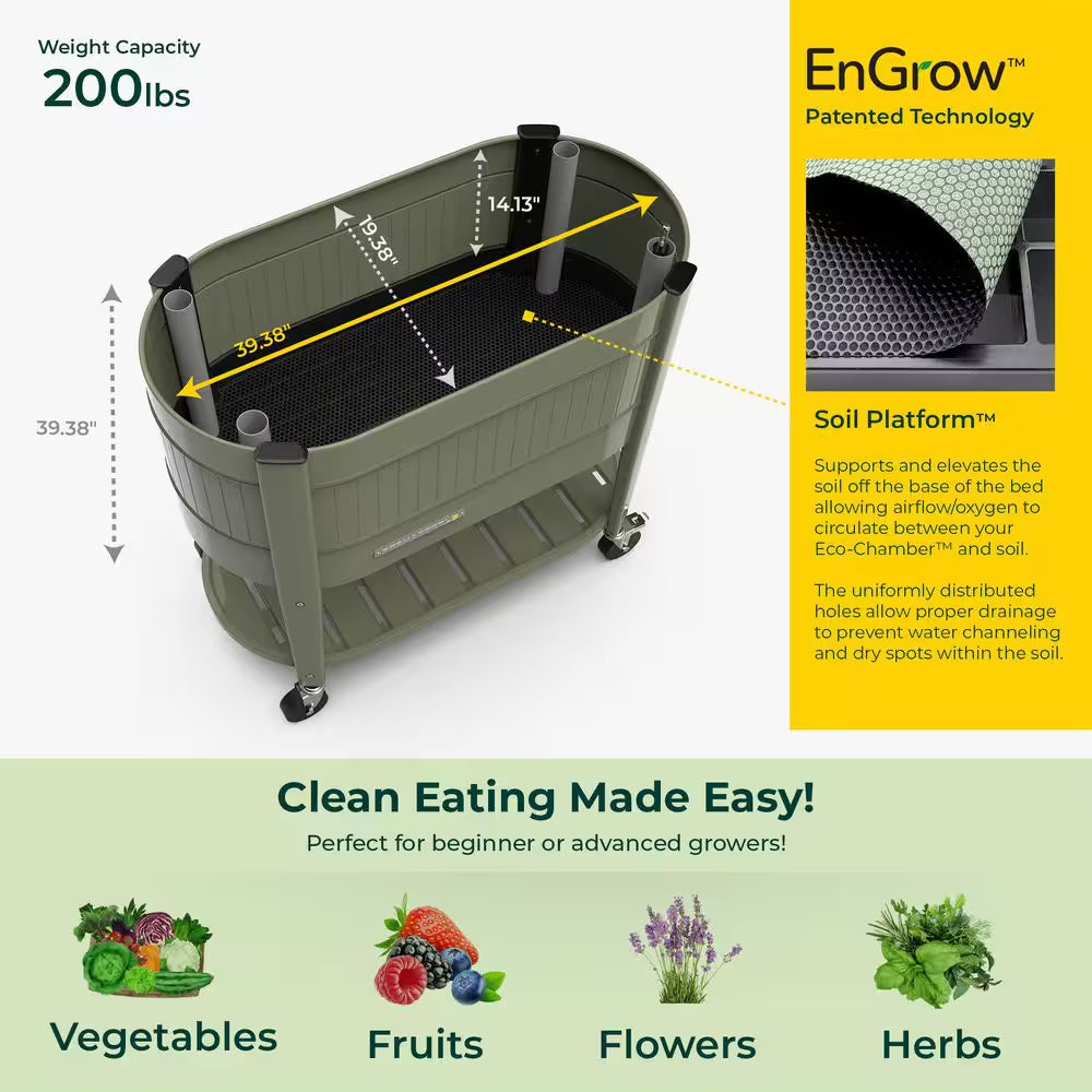 39 In. L X 19.25 In. W X 14.5 In. H Raised Steel Garden Bed with Engrow Truesoil Technology, Storage Shelf, Green