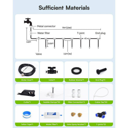 75FT Outdoor Misting System Kit with Water Filter Ultra-Fine Mist 22 Nozzles for Patio Garden Greenhouse