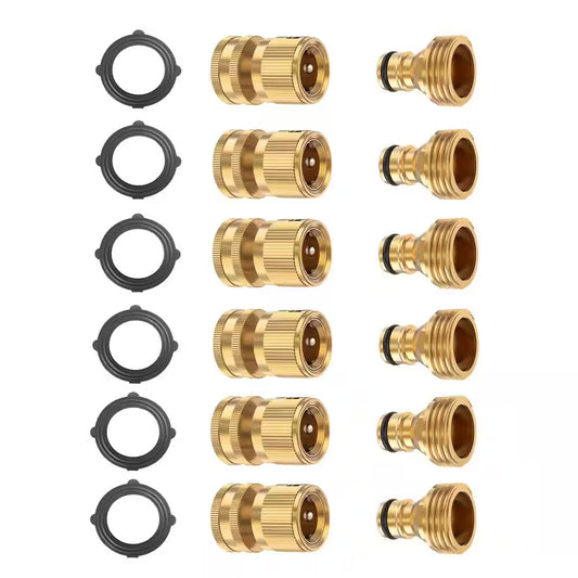 3/4 In. Solid Brass Garden Hose Quick Connector Set, Easily Add Attachments to Garden Hose, Golden (Pack of 6)
