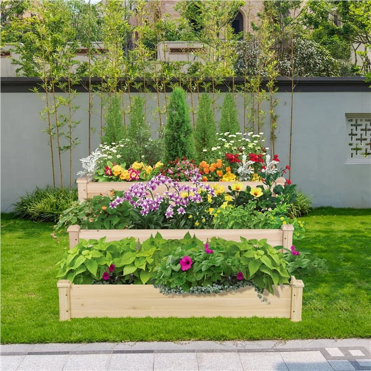 3 Tier Wood Raised Garden Bed Wood Elevated Flowers Vegetables Planter