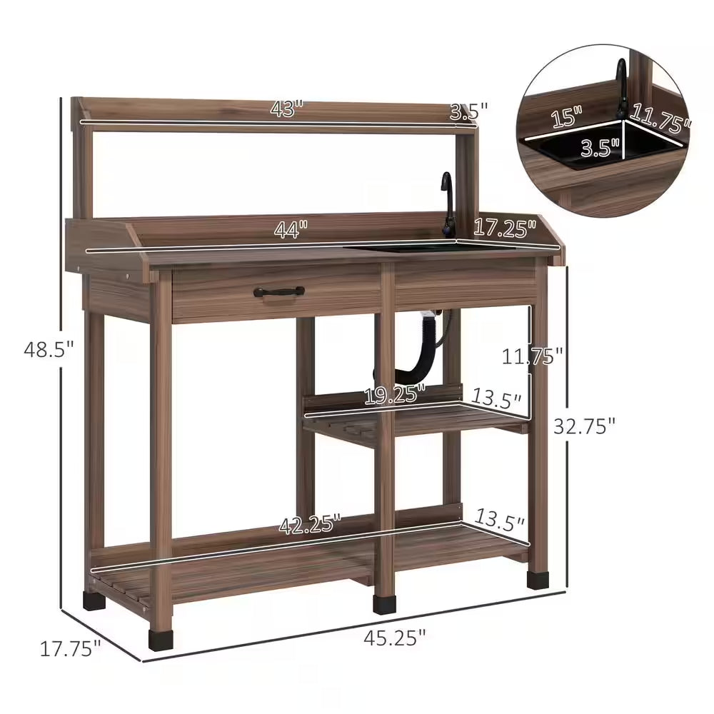 45.25 In. W X 48.5 In. H Dark Brown Potting Bench Table, Outdoor Garden Table Wooden Work Station with Removable Sink