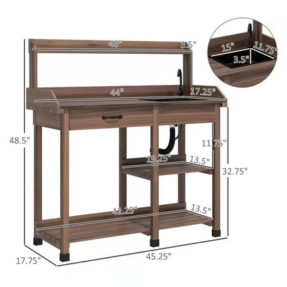 45.25 In. W X 48.5 In. H Dark Brown Potting Bench Table, Outdoor Garden Table Wooden Work Station with Removable Sink