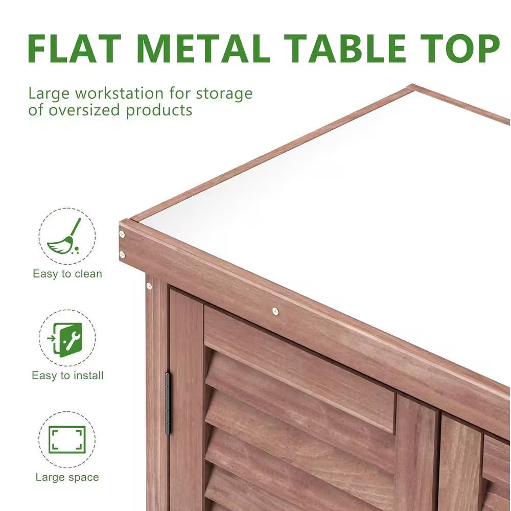Outdoor Storage Cabinet, Potting Bench Table with Metal Top, Wooden Patio Furniture, Garden Workstation, Brown