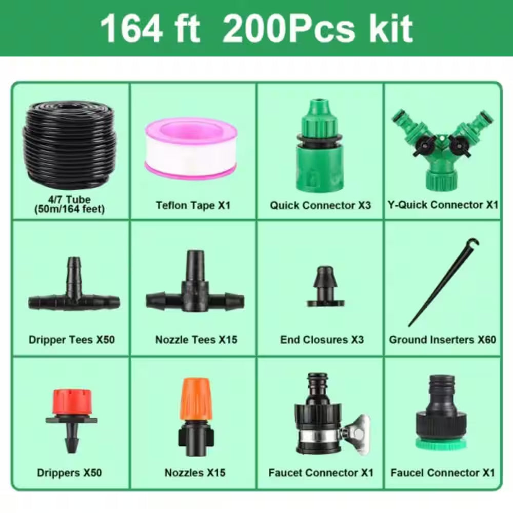 1/4 and 1/2 In. Garden Drip Irrigation Kit,Greenhouse Micro Automatic System Blank Distribution Tubing Fitting,200Pcs
