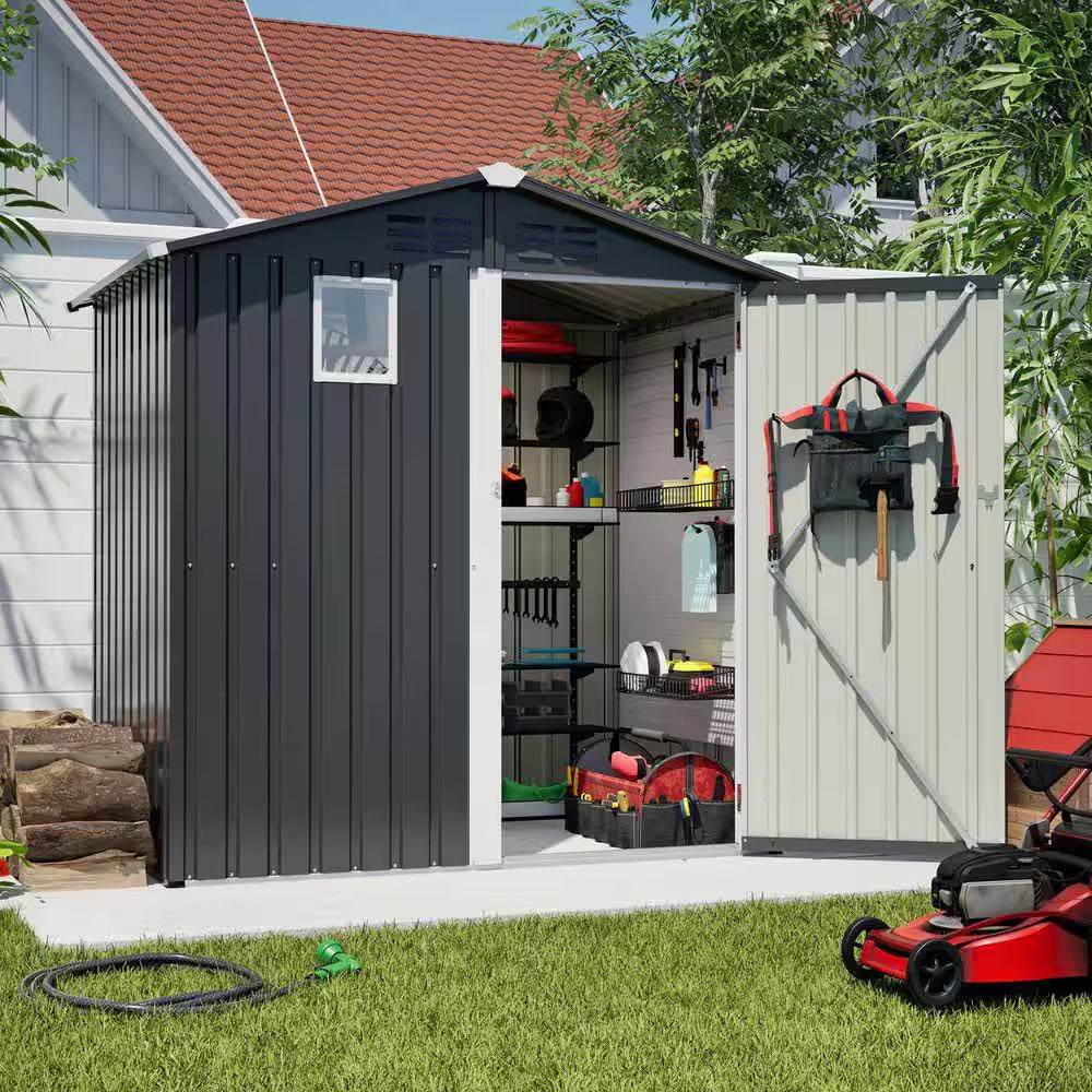 6 Ft. W X 4 Ft. D Black Metal Outdoor Storage Shed Utility Tool Shed for Backyard Garden Patio Lawn (24 Sq. Ft.)