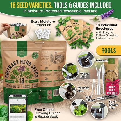18 Culinary Herbs Seeds Variety Pack - 10,180+ Heirloom, Non-Gmo, Herbs Seeds
