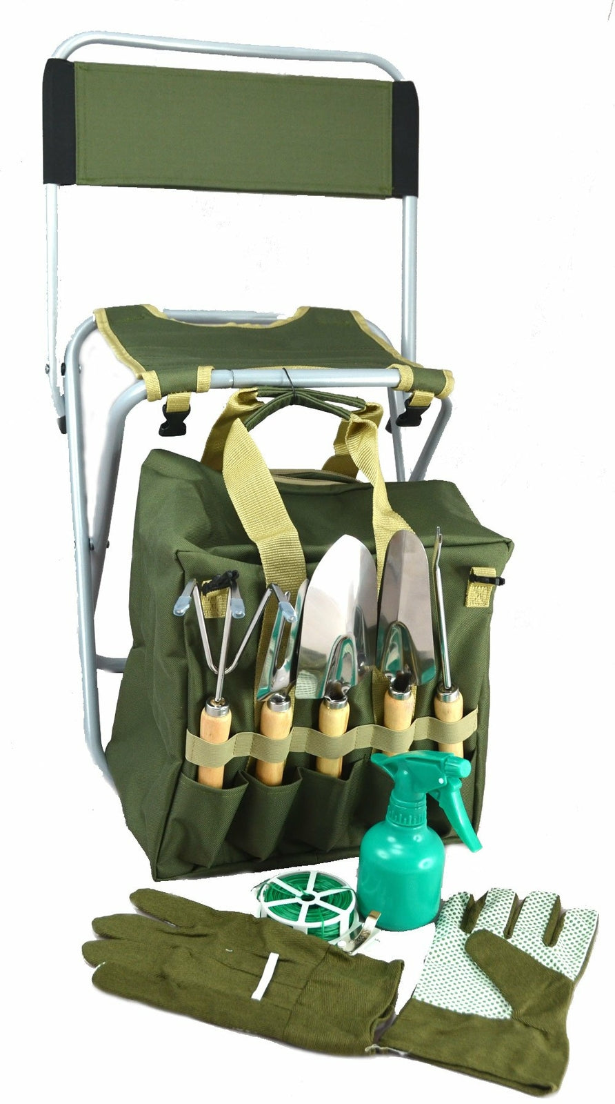10-Piece Gardening Tool Set Folding Stool Seat with Zippered Detachable Tote
