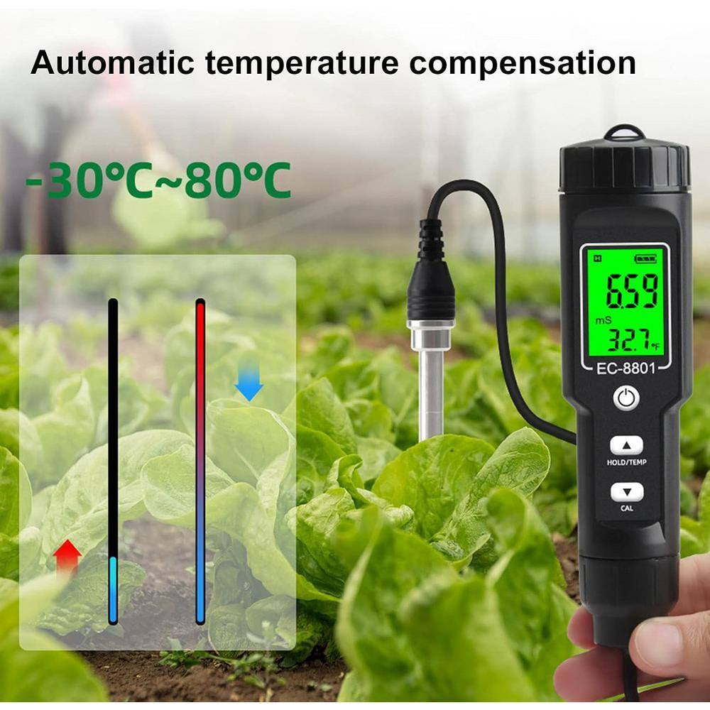 Digital Soil Tester LCD Backlight Display Soil EC Temperature Tester Portable Conductivity Meter for Hydroponics, Black