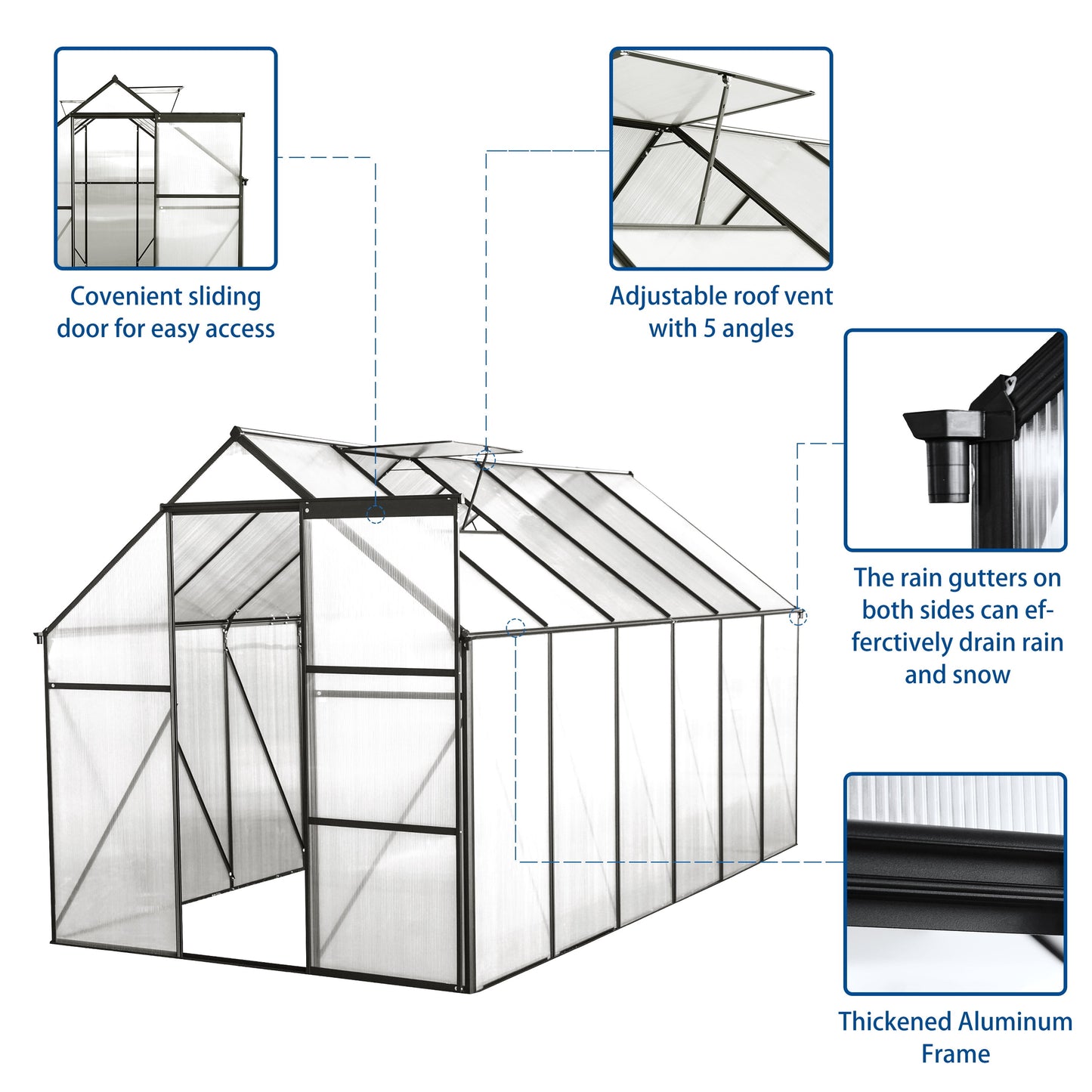 Walk in Greenhouse, Garden Greenhouse for Outdoors, Upgraded Polycarbonate Plant Greenhouse with Sliding Door, Adjustable Roof Vent, 6X12Ft, TE3067