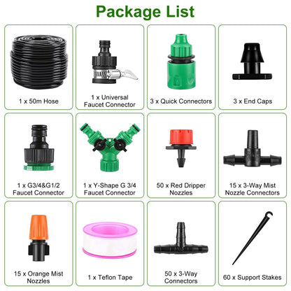 164FT Drip Irrigation Kit for Spring Summer Garden Automatic Garden Irrigation System Misting Plant Watering Drip Kit for Garden Greenhouse Flower Bed Patio Lawn