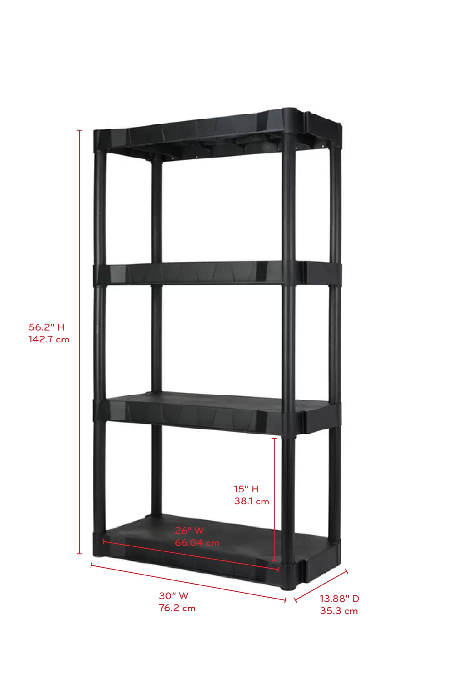 Black Plastic 4-Tier Shelving Unit, 280 Lb Capacity, 56.2X30X13.8 Inches