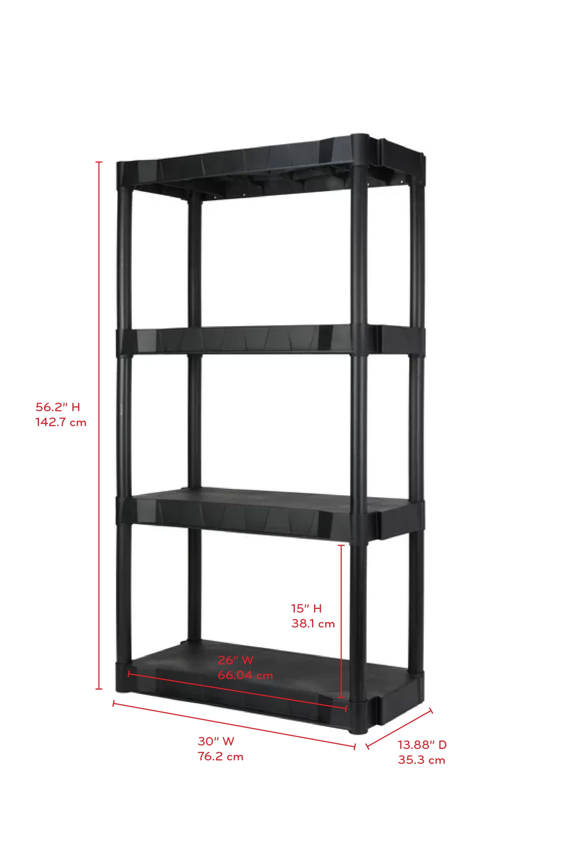 Black Plastic 4-Tier Shelving Unit, 280 Lb Capacity, 56.2X30X13.8 Inches