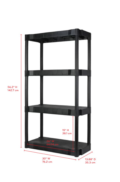 Black Plastic 4-Tier Shelving Unit, 280 Lb Capacity, 56.2X30X13.8 Inches