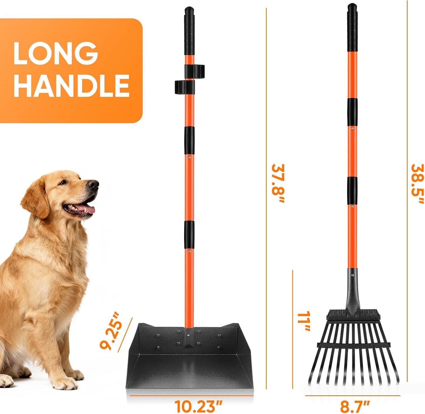 Pooper Scooper, Detachable Long Handle Dog Pooper Scoopers with Heavy Duty Metal Rake and Tray, Durable Pooper Scooper for Large Dogs, Great for Lawn, Grass, Dirt, Gravel, Yard