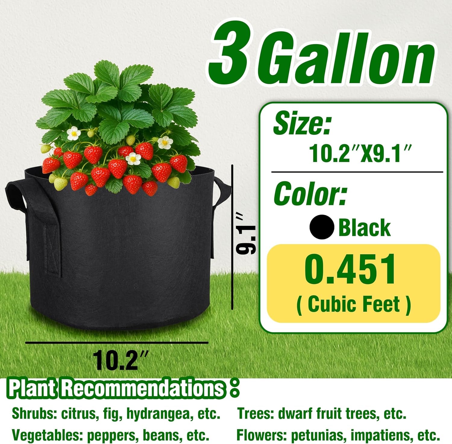 12-Pack 3 Gallon Grow Bags, Heavy Duty Fabric Pots with Handles, Reusable Plant Bags for Vegetable, Herbs & Flowers, Bpa-Free, Breathable, Durable