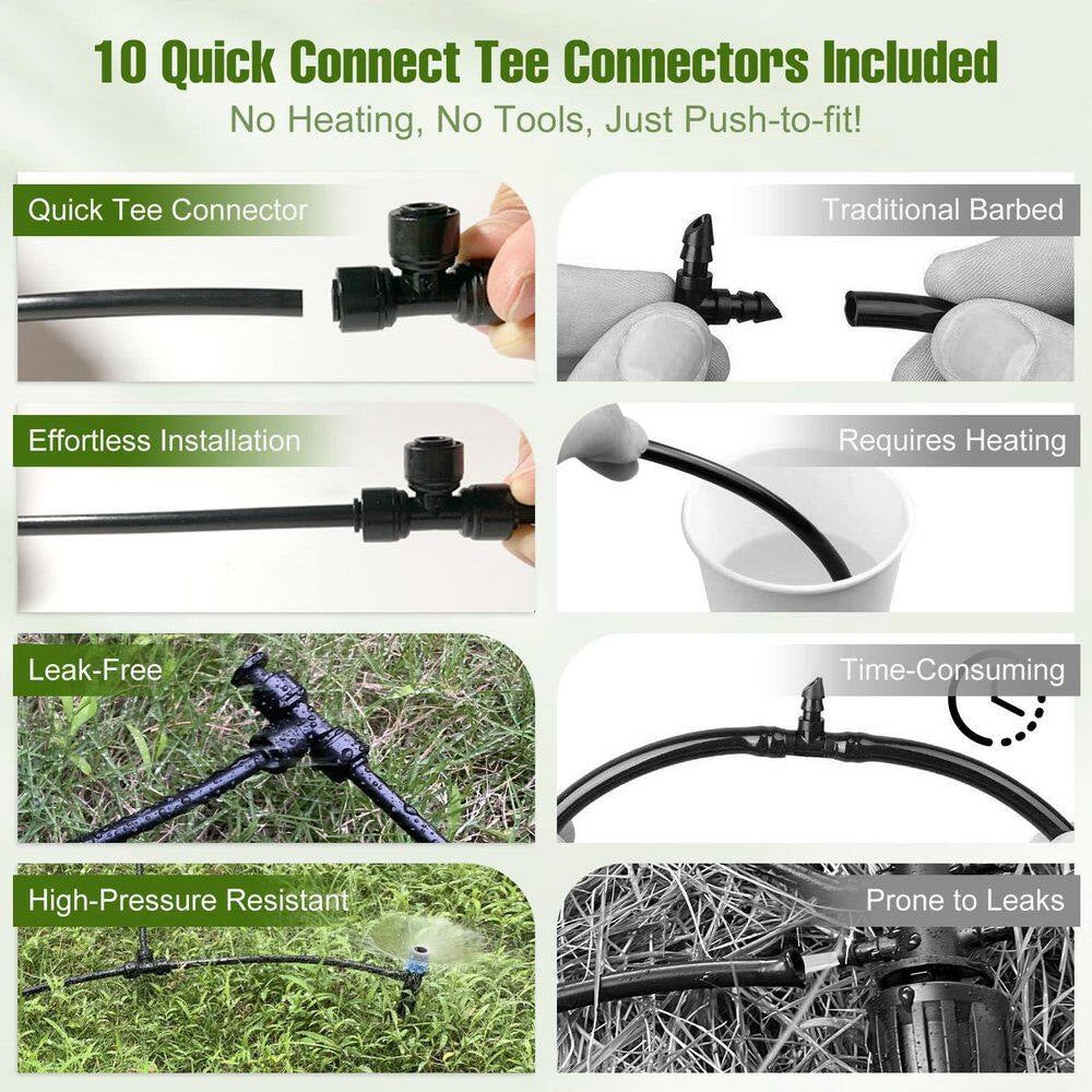 100 Ft. 1/4 In. Drip Irrigation Tubing with 10 Pack Push-To-Connect Tee Fittings for Garden Watering System