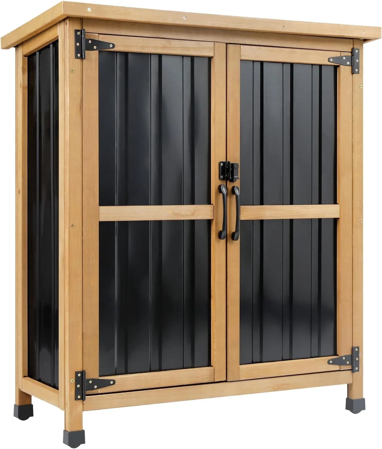Outdoor Storage Cabinet Wood Storage Shed Waterproof Roof, Double Lockable Doors Garden Shed with Removable Shelves