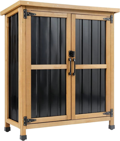 Outdoor Storage Cabinet Wood Storage Shed Waterproof Roof, Double Lockable Doors Garden Shed with Removable Shelves