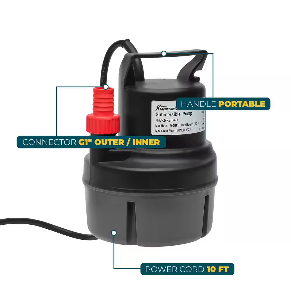 1/6 HP 1100 GPH Thermoplastic Submersible Utility Pump