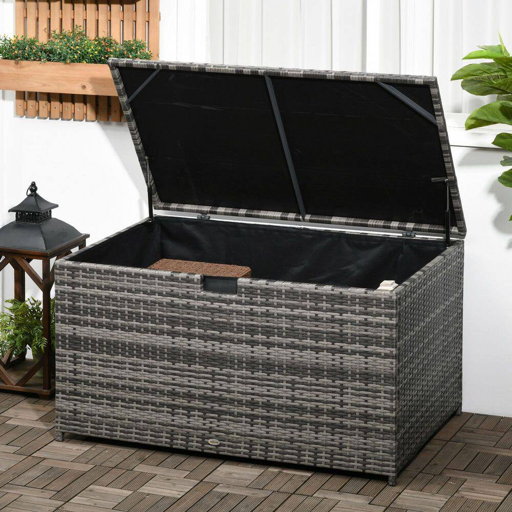 Dark Gray 113 Gal. All-Weather Wicker Deck Box, Outdoor Storage Box for Patio Cushions, Pool Supplies, Garden Tools