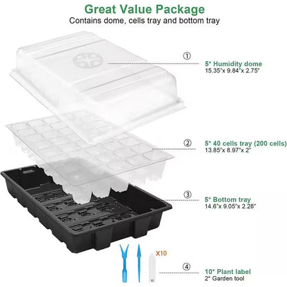 5-Pack 14 In. X 9.84 In. X 5.11 In. Outdoor Black Plastic Seed Starter Tray Kit with Humidity Vented Domes and Base