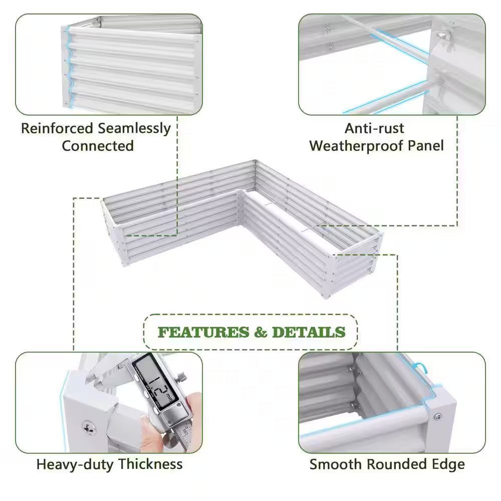74 In. L-Shaped White Metal Planter Box Raised Garden Bed for Planting Vegetables Flowers