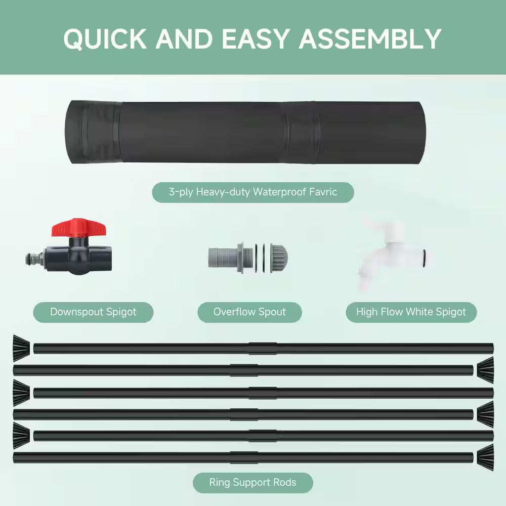 53 Gal. Black Collapsible Rain Barrel Water Storage Containers with Spigots, Filter and Overflow Kits