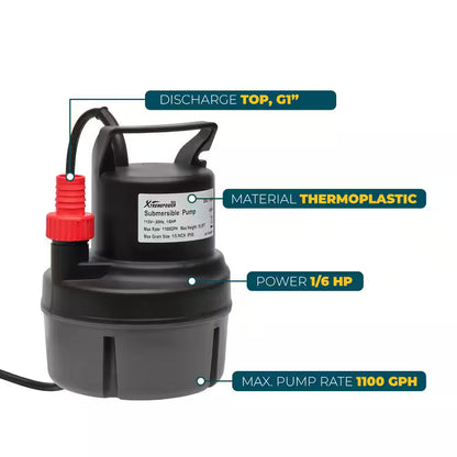 1/6 HP 1100 GPH Thermoplastic Submersible Utility Pump