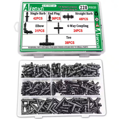 220-Pieces 1/4 In. Drip Irrigation Fittings Kit with Barbed Connectors, Straight, Tee, Elbow for Garden