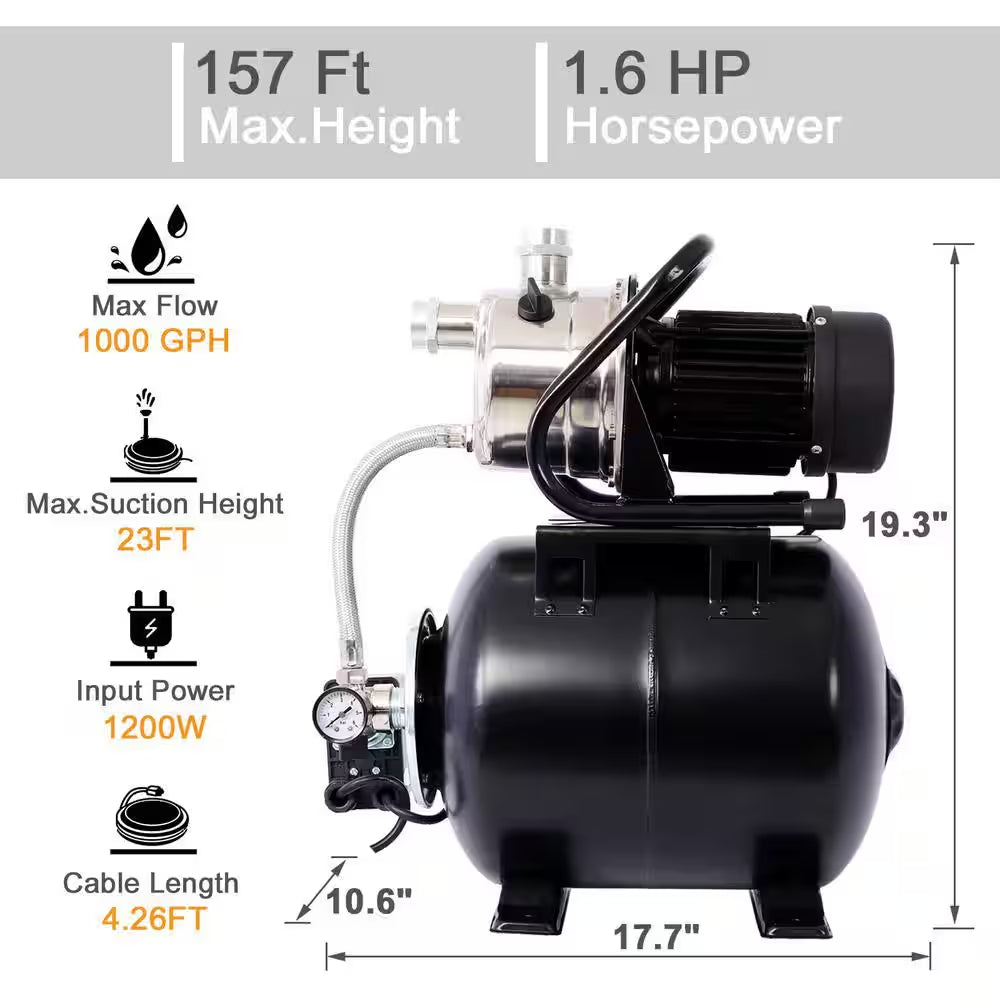 1.6 HP Submersible Fountain Irrigation Pump in Black with Pressure Tank